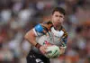 SYDNEY, AUSTRALIA - APRIL 12: Jock Madden of the Wests Tigers runs the ball during the round six NRL match between Wests Tigers and Newcastle Knights at Campbelltown Stadium on April 12, 2026 in Sydney, Australia. (Photo by Jason McCawley/Getty Images)