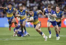 SYDNEY, AUSTRALIA - APRIL 19: Tallyn Da Silva of the Eels makes a run to score a try during the round seven NRL match between Parramatta Eels and Canterbury Bulldogs at CommBank Stadium, on April 19, 2026, in Sydney, Australia. (Photo by Darrian Traynor/Getty Images)