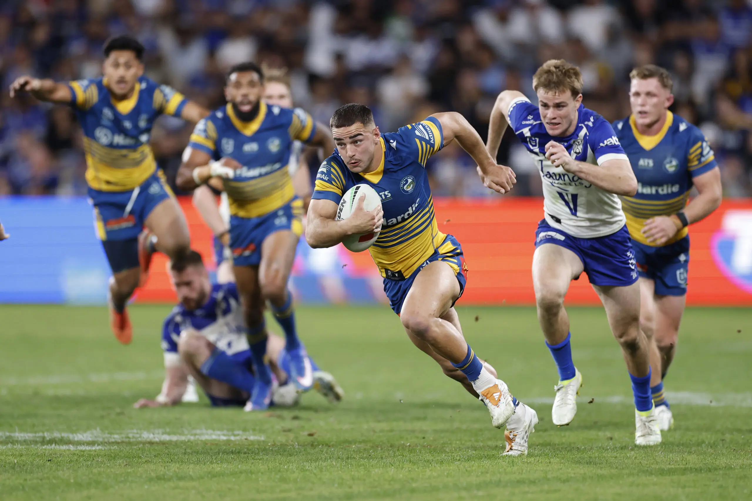 SYDNEY, AUSTRALIA - APRIL 19: Tallyn Da Silva of the Eels makes a run to score a try during the round seven NRL match between Parramatta Eels and Canterbury Bulldogs at CommBank Stadium, on April 19, 2026, in Sydney, Australia. (Photo by Darrian Traynor/Getty Images)