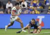 SYDNEY, AUSTRALIA - MAY 02: Alofiana Khan-Pereira of the Warriors scores a try during the round nine NRL match between Parramatta Eels and New Zealand Warriors at CommBank Stadium, on May 02, 2026, in Sydney, Australia. (Photo by Darrian Traynor/Getty Images)