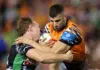 SYDNEY, AUSTRALIA - APRIL 23: Alex Twal of the Wests Tigers is tackled during the round eight NRL match between the Wests Tigers and Canberra Raiders at Leichhardt Oval on April 23, 2026 in Sydney, Australia. (Photo by Cameron Spencer/Getty Images)