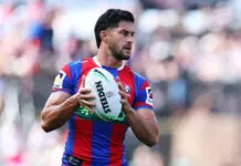 NEWCASTLE, AUSTRALIA - MAY 03: Dylan Brown of the Knights looks to pass during the round nine NRL match between Newcastle Knights and South Sydney Rabbitohs at McDonald Jones Stadium, on May 03, 2026, in Newcastle, Australia. (Photo by Jeremy Ng/Getty Images)