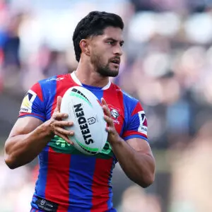 NEWCASTLE, AUSTRALIA - MAY 03: Dylan Brown of the Knights looks to pass during the round nine NRL match between Newcastle Knights and South Sydney Rabbitohs at McDonald Jones Stadium, on May 03, 2026, in Newcastle, Australia. (Photo by Jeremy Ng/Getty Images)
