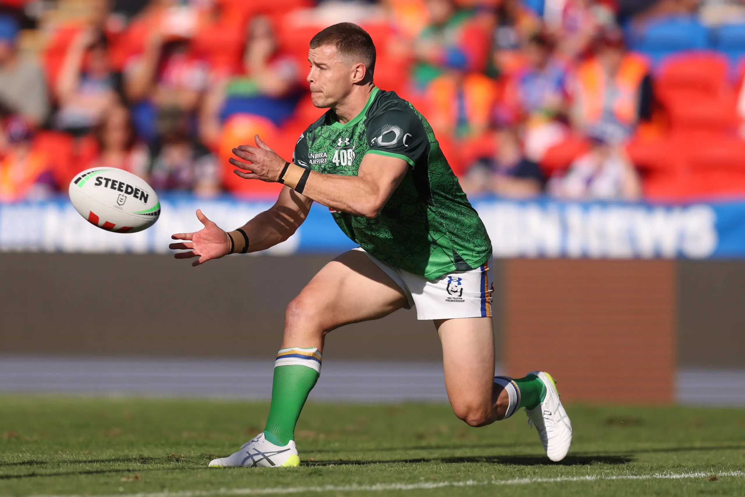 NEWCASTLE, AUSTRALIA - APRIL 05: Jayden Brailey of the Raiders warming up prior to play during the round five NRL match between Newcastle Knights and Canberra Raiders at McDonald Jones Stadium, on April 05, 2026, in Newcastle, Australia. (Photo by Scott Gardiner/Getty Images)