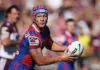 SYDNEY, AUSTRALIA - MARCH 15:  Kalyn Ponga of the Knights runs with the ball during the round two NRL match between Manly Sea Eagles and Newcastle Knights at 4 Pines Park, on March 15, 2026, in Sydney, Australia. (Photo by Matt King/Getty Images)