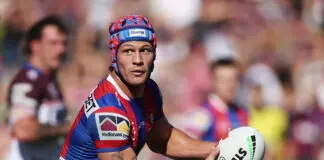 SYDNEY, AUSTRALIA - MARCH 15:  Kalyn Ponga of the Knights runs with the ball during the round two NRL match between Manly Sea Eagles and Newcastle Knights at 4 Pines Park, on March 15, 2026, in Sydney, Australia. (Photo by Matt King/Getty Images)