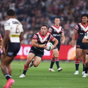 SYDNEY, AUSTRALIA - MAY 02:  Reece Robson of the Roosters runs with the ball during the round nine NRL match between Sydney Roosters and Brisbane Broncos at Allianz Stadium, on May 02, 2026, in Sydney, Australia. (Photo by Matt King/Getty Images)