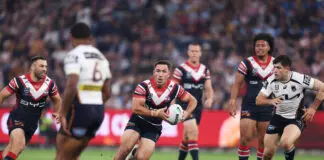 SYDNEY, AUSTRALIA - MAY 02:  Reece Robson of the Roosters runs with the ball during the round nine NRL match between Sydney Roosters and Brisbane Broncos at Allianz Stadium, on May 02, 2026, in Sydney, Australia. (Photo by Matt King/Getty Images)