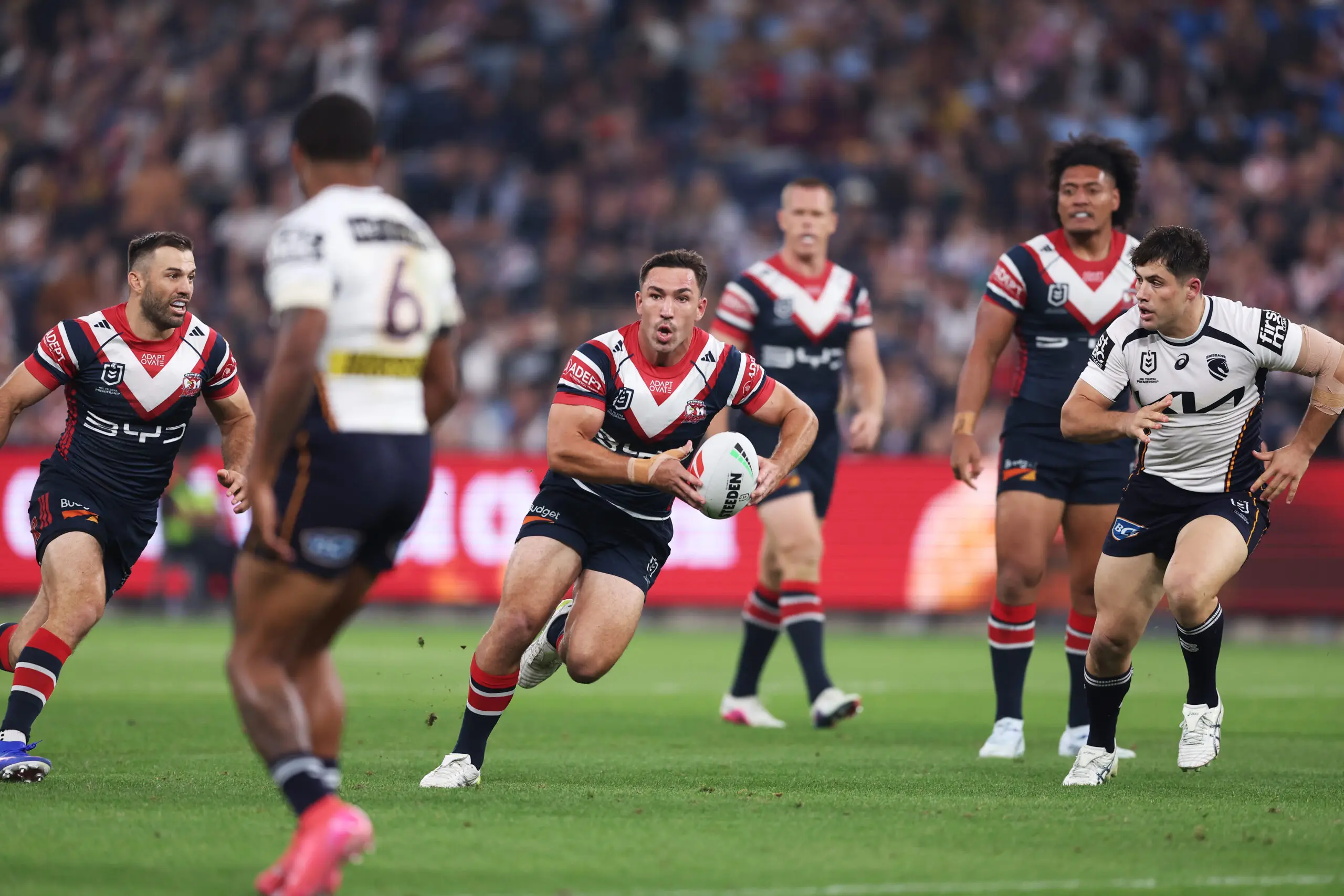 SYDNEY, AUSTRALIA - MAY 02: Reece Robson of the Roosters runs with the ball during the round nine NRL match between Sydney Roosters and Brisbane Broncos at Allianz Stadium, on May 02, 2026, in Sydney, Australia. (Photo by Matt King/Getty Images)