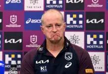 BRISBANE, AUSTRALIA - MARCH 12: Head Coach Michael Maguire of the Broncos looks dejected as he speaks at a post match press conference after the round two NRL match between Brisbane Broncos and Parramatta Eels at Suncorp Stadium, on March 12, 2026, in Brisbane, Australia. (Photo by Bradley Kanaris/Getty Images)