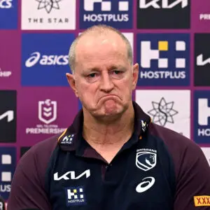 BRISBANE, AUSTRALIA - MARCH 12: Head Coach Michael Maguire of the Broncos looks dejected as he speaks at a post match press conference after the round two NRL match between Brisbane Broncos and Parramatta Eels at Suncorp Stadium, on March 12, 2026, in Brisbane, Australia. (Photo by Bradley Kanaris/Getty Images)