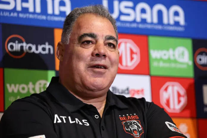 PERTH, AUSTRALIA - APRIL 10: Mal Meninga, inaugural head coach of the Perth Bears talks to the media during an NRL press conference at Optus Stadium on April 10, 2026 in Perth, Australia. (Photo by Paul Kane/Getty Images)