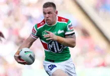 NEWCASTLE, AUSTRALIA - MAY 03: Matthew Dufty of the Rabbitohs runs the ball during the round nine NRL match between Newcastle Knights and South Sydney Rabbitohs at McDonald Jones Stadium, on May 03, 2026, in Newcastle, Australia. (Photo by Jeremy Ng/Getty Images)