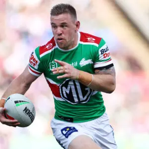NEWCASTLE, AUSTRALIA - MAY 03: Matthew Dufty of the Rabbitohs runs the ball during the round nine NRL match between Newcastle Knights and South Sydney Rabbitohs at McDonald Jones Stadium, on May 03, 2026, in Newcastle, Australia. (Photo by Jeremy Ng/Getty Images)