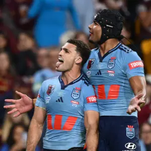 BRISBANE, AUSTRALIA - JULY 08: Nathan Cleary of the Blues celebrates scoring his second try during game three of the Men's State of Origin series between the Queensland Maroons and the New South Wales Blues at Suncorp Stadium on July 08, 2026 in Brisbane, Australia. (Photo by Bradley Kanaris/Getty Images)