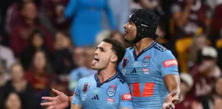 BRISBANE, AUSTRALIA - JULY 08: Nathan Cleary of the Blues celebrates scoring his second try during game three of the Men's State of Origin series between the Queensland Maroons and the New South Wales Blues at Suncorp Stadium on July 08, 2026 in Brisbane, Australia. (Photo by Bradley Kanaris/Getty Images)