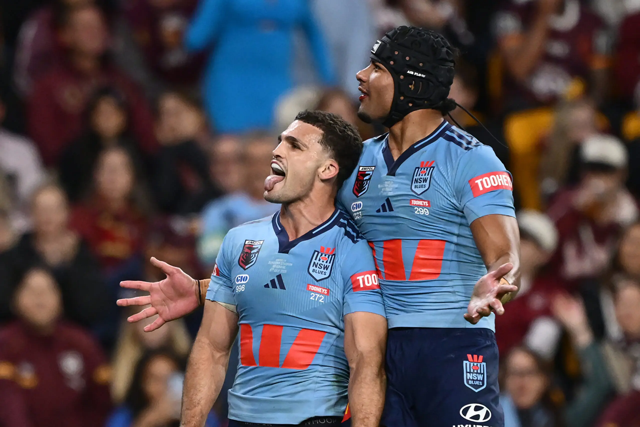 BRISBANE, AUSTRALIA - JULY 08: Nathan Cleary of the Blues celebrates scoring his second try during game three of the Men's State of Origin series between the Queensland Maroons and the New South Wales Blues at Suncorp Stadium on July 08, 2026 in Brisbane, Australia. (Photo by Bradley Kanaris/Getty Images)