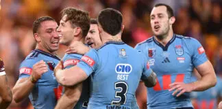 BRISBANE, AUSTRALIA - JULY 08: Cameron Murray of the Blues celebrates scoring his teams third try during game three of the Men's State of Origin series between the Queensland Maroons and the New South Wales Blues at Suncorp Stadium on July 08, 2026 in Brisbane, Australia. (Photo by Bradley Kanaris/Getty Images)