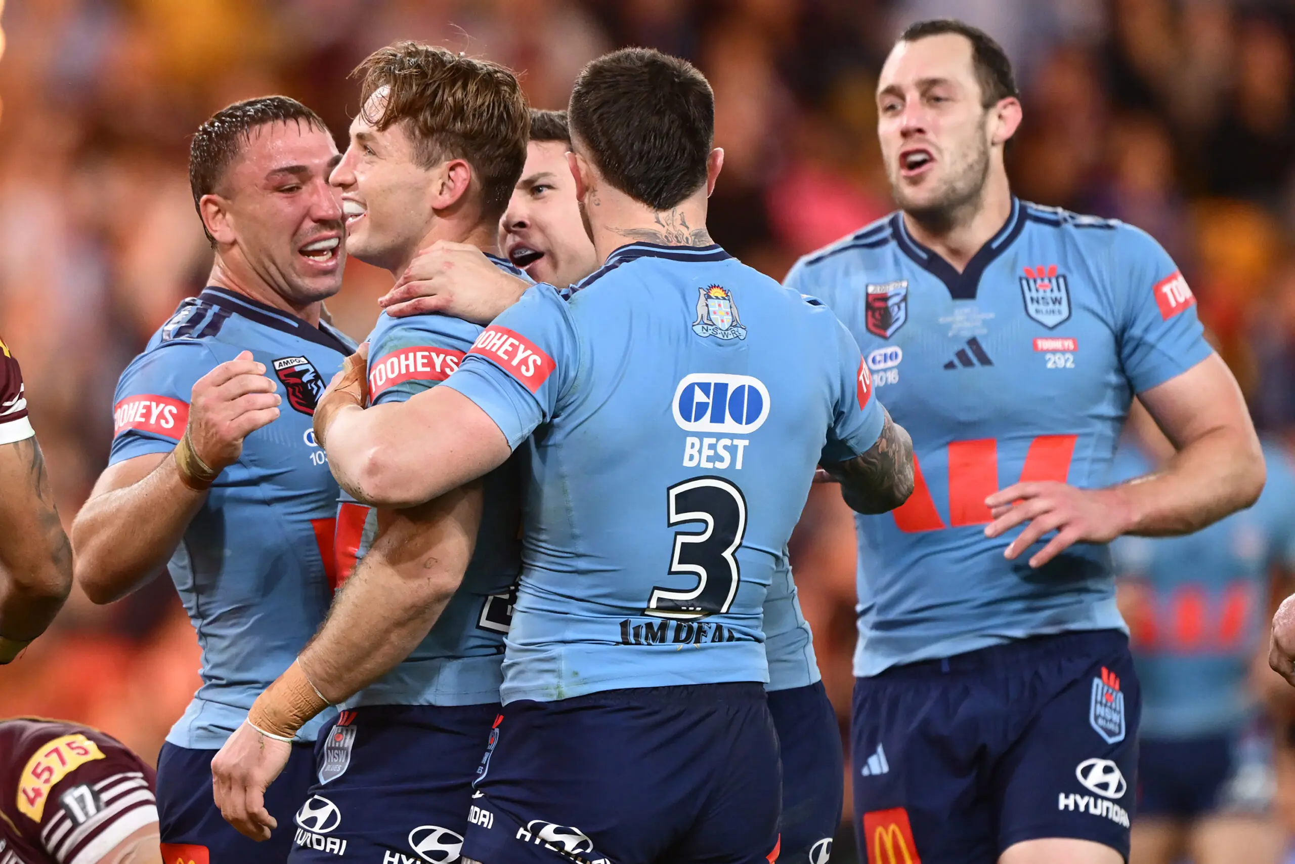 BRISBANE, AUSTRALIA - JULY 08: Cameron Murray of the Blues celebrates scoring his teams third try during game three of the Men's State of Origin series between the Queensland Maroons and the New South Wales Blues at Suncorp Stadium on July 08, 2026 in Brisbane, Australia. (Photo by Bradley Kanaris/Getty Images)
