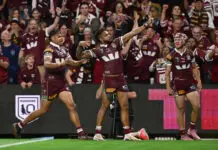 BRISBANE, AUSTRALIA - JULY 08: Hamiso Tabuai-Fidow of the Maroons celebrates scoring his teams first try during game three of the Men's State of Origin series between the Queensland Maroons and the New South Wales Blues at Suncorp Stadium on July 08, 2026 in Brisbane, Australia. (Photo by Bradley Kanaris/Getty Images)