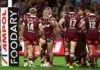 BRISBANE, AUSTRALIA - JULY 08: Kalyn Ponga of the Maroons looks frustrated after his team concede a try during game three of the Men's State of Origin series between the Queensland Maroons and the New South Wales Blues at Suncorp Stadium on July 08, 2026 in Brisbane, Australia. (Photo by Chris Hyde/Getty Images)