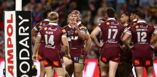 BRISBANE, AUSTRALIA - JULY 08: Kalyn Ponga of the Maroons looks frustrated after his team concede a try during game three of the Men's State of Origin series between the Queensland Maroons and the New South Wales Blues at Suncorp Stadium on July 08, 2026 in Brisbane, Australia. (Photo by Chris Hyde/Getty Images)