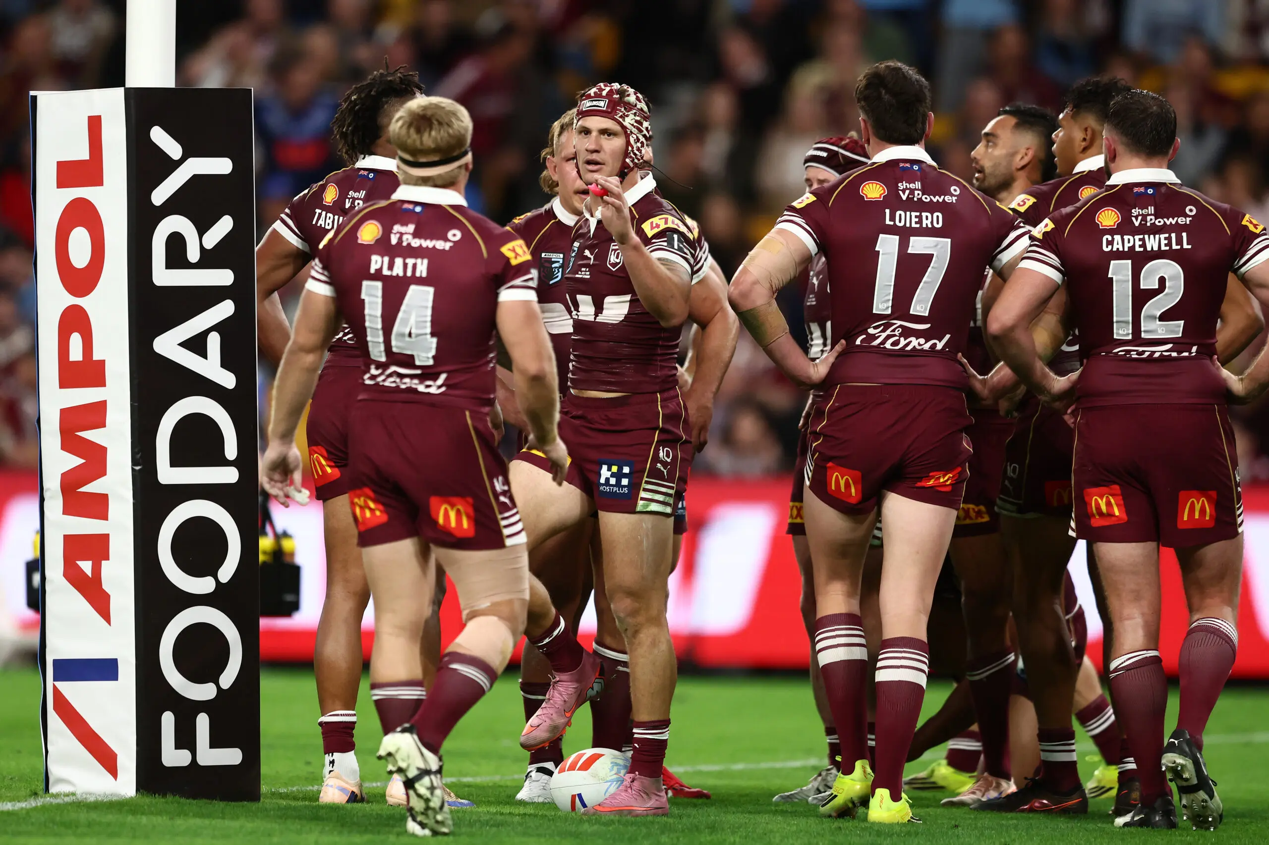 BRISBANE, AUSTRALIA - JULY 08: Kalyn Ponga of the Maroons looks frustrated after his team concede a try during game three of the Men's State of Origin series between the Queensland Maroons and the New South Wales Blues at Suncorp Stadium on July 08, 2026 in Brisbane, Australia. (Photo by Chris Hyde/Getty Images)