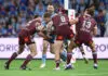 BRISBANE, AUSTRALIA - JULY 08: Hudson Young of the Blues is tackled during game three of the Men's State of Origin series between the Queensland Maroons and the New South Wales Blues at Suncorp Stadium on July 08, 2026 in Brisbane, Australia. (Photo by Bradley Kanaris/Getty Images)