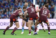 Hudson Young charged by MRC for Origin 3 dangerous throw as others learn fate BRISBANE, AUSTRALIA - JULY 08: Hudson Young of the Blues is tackled during game three of the Men's State of Origin series between the Queensland Maroons and the New South Wales Blues at Suncorp Stadium on July 08, 2026 in Brisbane, Australia. (Photo by Bradley Kanaris/Getty Images)