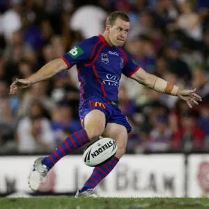 NEWCASTLE, AUSTRALIA - MARCH 20:  Scott Dureau of the Knights kicks the ball during the round two NRL match between the Newcastle Knights and the Melbourne Storm at EnergyAustralia Stadium on March 20, 2010 in Newcastle, Australia.  (Photo by Robert Gray/Getty Images)