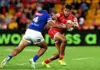 One week to go: Every NRL team’s final game scenarios, best and worst case scenarios, ladder prediction BRISBANE, AUSTRALIA - MAY 07: Selwyn Cobbo of the Dolphins takes on the defence of Stephen Crichton of the Bulldogs during the round 10 NRL match between Dolphins and Canterbury Bulldogs at Suncorp Stadium, on May 07, 2026, in Brisbane, Australia. (Photo by Bradley Kanaris/Getty Images)