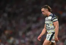 BRISBANE, AUSTRALIA - MAY 16: Reuben Cotter of the Cowboys reacts after being sent to the sin-bin during the round 11 NRL match between the Sydney Roosters and North Queensland Cowboys at Suncorp Stadium on May 16, 2026 in Brisbane, Australia. (Photo by Hannah Peters/Getty Images)