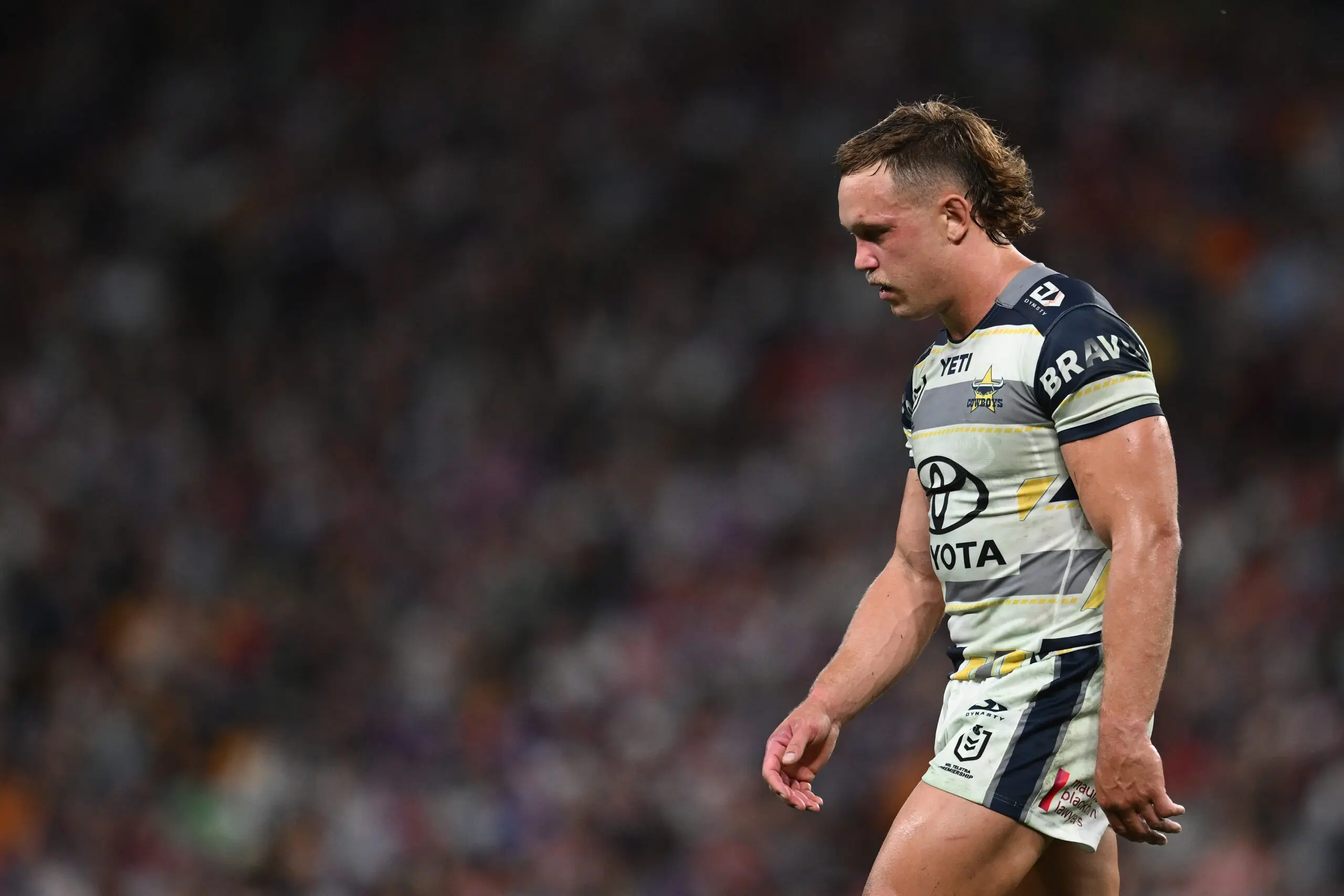 BRISBANE, AUSTRALIA - MAY 16: Reuben Cotter of the Cowboys reacts after being sent to the sin-bin during the round 11 NRL match between the Sydney Roosters and North Queensland Cowboys at Suncorp Stadium on May 16, 2026 in Brisbane, Australia. (Photo by Hannah Peters/Getty Images)