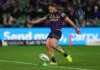 MELBOURNE, AUSTRALIA - JUNE 21: Cameron Munster of the Storm kicks a conversion during the round 16 NRL match between Melbourne Storm and Canberra Raiders at AAMI Park, on June 21, 2026, in Melbourne, Australia. (Photo by Daniel Pockett/Getty Images)