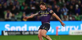MELBOURNE, AUSTRALIA - JUNE 21: Cameron Munster of the Storm kicks a conversion during the round 16 NRL match between Melbourne Storm and Canberra Raiders at AAMI Park, on June 21, 2026, in Melbourne, Australia. (Photo by Daniel Pockett/Getty Images)
