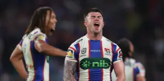 SYDNEY, AUSTRALIA - SEPTEMBER 27: Bradman Best of the Knights celebrates at full time after winning the NRL Preliminary Final match between the Penrith Panthers and Newcastle Knights at Accor Stadium on September 27, 2026, in Sydney, Australia. (Photo by Darrian Traynor/Getty Images)