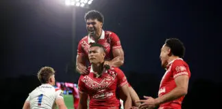 PERTH, AUSTRALIA - OCTOBER 17: Haumole Olakau’atu of Tonga celebrates a try during the 2026 Men's Rugby League World Cup match between England and Tonga at HBF Stadium on October 17, 2026 in Perth, Australia. (Photo by Janelle St Pierre/Getty Images)