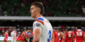 PERTH, AUSTRALIA - OCTOBER 17: Hugo Savala of England looks on after being defeated during the 2026 Men's Rugby League World Cup match between England and Tonga at HBF Stadium on October 17, 2026 in Perth, Australia. (Photo by Paul Kane/Getty Images)