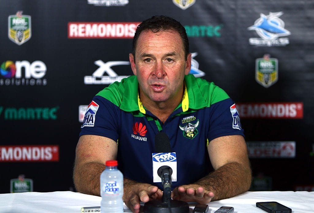 SYDNEY, AUSTRALIA - MARCH 08: Raiders coach Ricky Stuart speaks to the media after the round one NRL match between the Cronulla Sharks and the Canberra Raiders at Remondis Stadium on March 8, 2015 in Sydney, Australia. (Photo by Renee McKay/Getty Images)