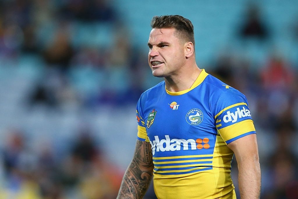 SYDNEY, AUSTRALIA - JULY 17:  Anthony Watmough of the Eels shows his frustration during the round 19 NRL match between the Parramatta Eels and the Canterbury Bulldogs at ANZ Stadium on July 17, 2015 in Sydney, Australia.  (Photo by Mark Kolbe/Getty Images)