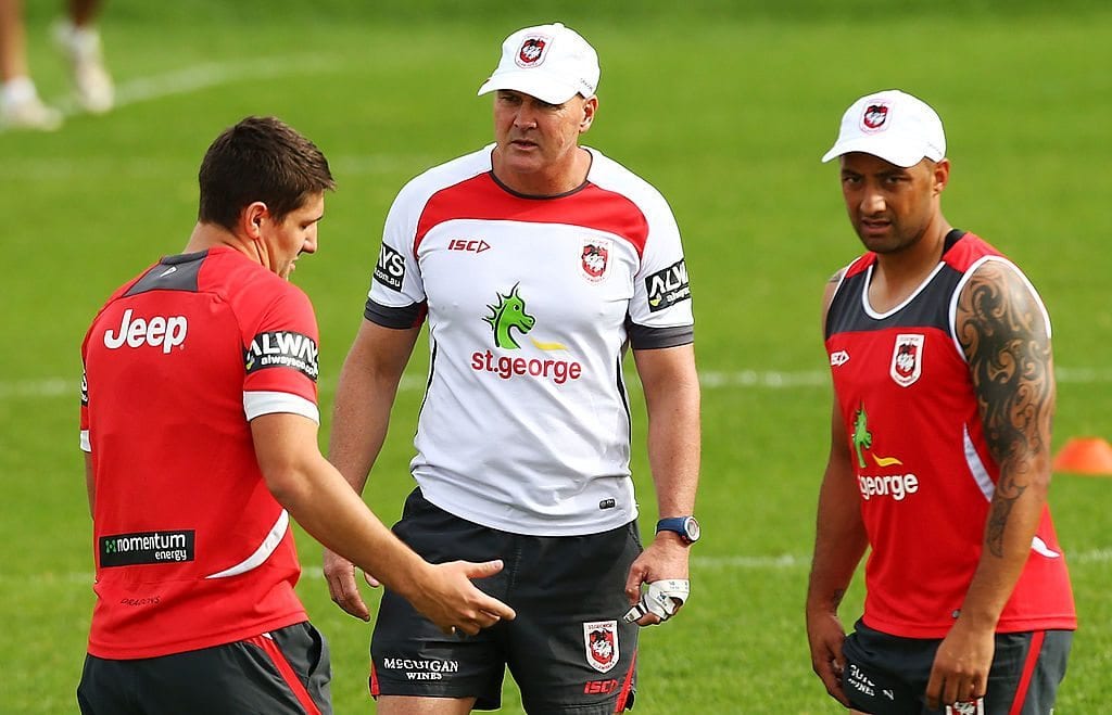 WOLLONGONG, AUSTRALIA - MAY 27: New Dragons coach Paul McGregor (C) talks with Garteh Widopp (L) and Benji Marshall during a St George Illawarra Dragons NRL training session at WIN Stadium on May 27, 2014 in Wollongong, Australia. (Photo by Mark Nolan/Getty Images)