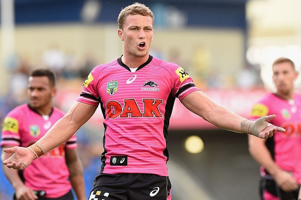 GOLD COAST, AUSTRALIA - APRIL 18: Matthew Moylan of the Panthers reacts towards the Referee Matthew Moylan during the round seven NRL match between the Gold Coast Titans and the Penrith Panthers at Cbus Super Stadium on April 18, 2015 on the Gold Coast, Australia. (Photo by Matt Roberts/Getty Images)