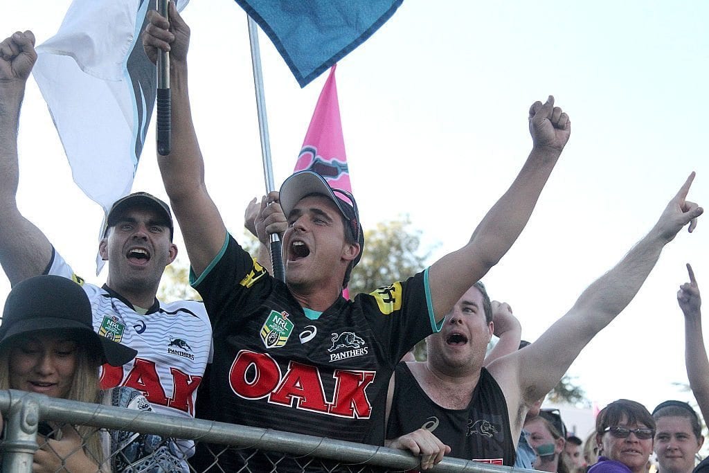 BATHURST, AUSTRALIA - MARCH 14: Panthers fans celebrate during the round two NRL match between the Penrith Panthers and the Gold Coast Titans at Carrington Park on March 14, 2015 in Bathurst, Australia. (Photo by Tony Feder/Getty Images)