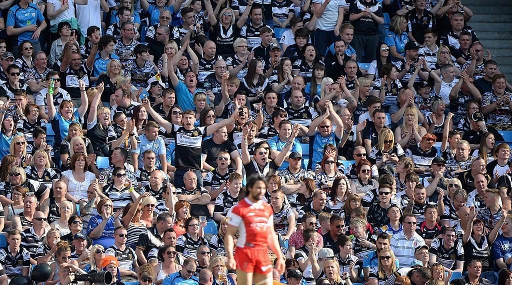 MANCHESTER, ENGLAND - MAY 17: Hull FC fans cheer afterhearing the score in the FA Cup final during the Super League match between Hull Kington Rovers and Hull FC at Etihad Stadium on May 17, 2014 in Manchester, England. (Photo by Gareth Copley/Getty Images)