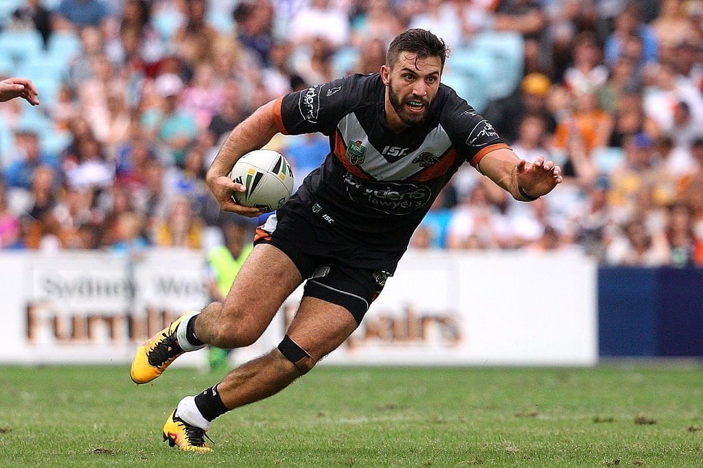 SYDNEY, NEW SOUTH WALES - MARCH 28: James Tedesco of the Tigers is action during the round four NRL match between the Wests Tigers and the Parramatta Eels at ANZ Stadium on March 28, 2016 in Sydney, Australia. (Photo by Matt Blyth/Getty Images)