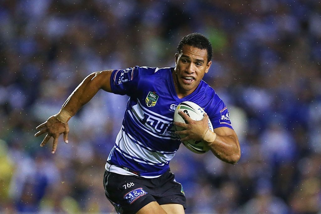SYDNEY, NEW SOUTH WALES - APRIL 04: Will Hopoate of the Bulldogs runs the ball during the round five NRL match between the Canterbury Bulldogs and the Canberra Raiders at Belmore Sports Ground on April 4, 2016 in Sydney, Australia. (Photo by Brendon Thorne/Getty Images)