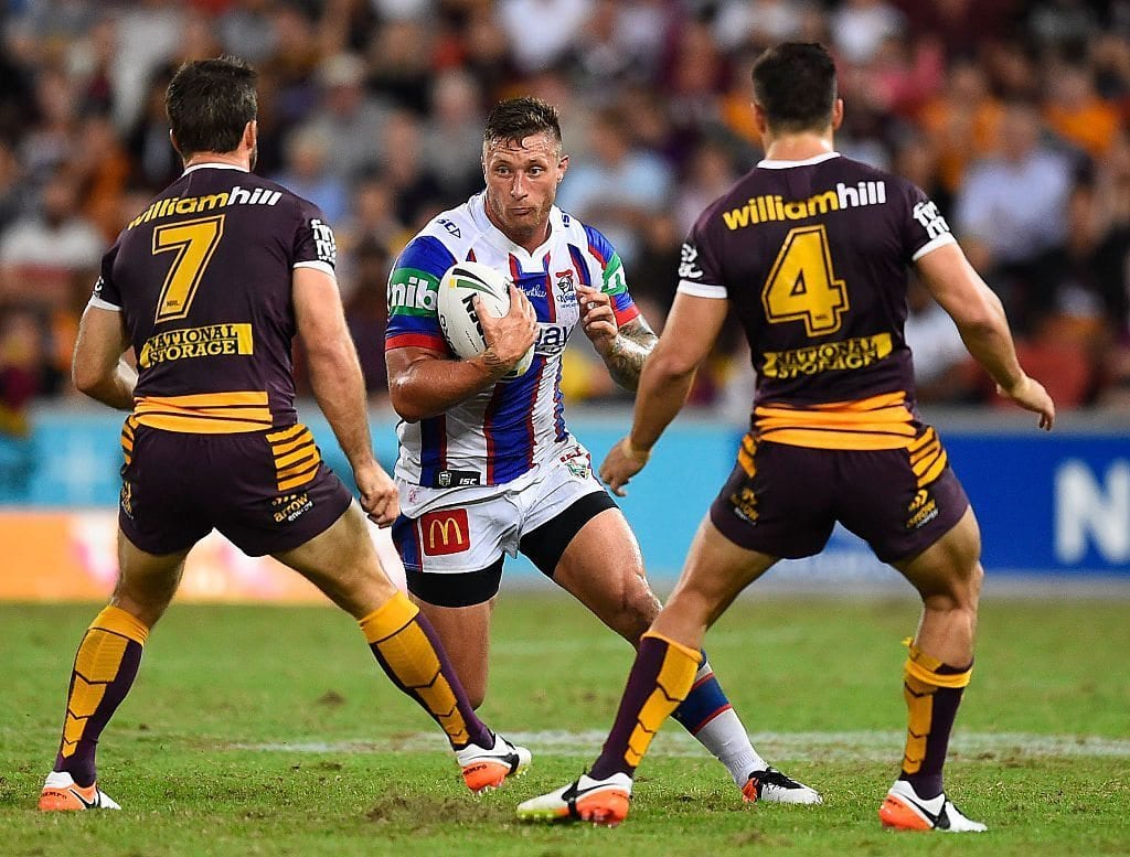 BRISBANE, AUSTRALIA - APRIL 16: Tariq Sims of the Knights during the round seven NRL match between the Brisbane Broncos and the Newcastle Knights at Suncorp Stadium on April 16, 2016 in Brisbane, Australia.