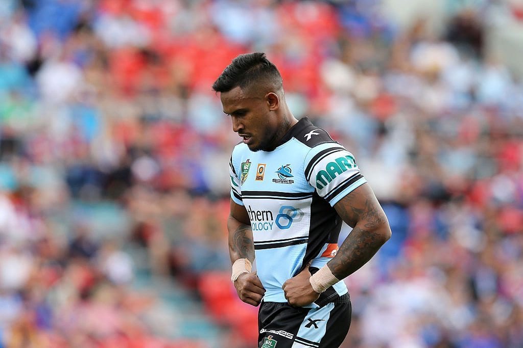 NEWCASTLE, AUSTRALIA - MAY 15: Ben Barba of the Sharks looks on during the round 10 NRL match between the Newcastle Knights and the Cronulla Sharks at Hunter Stadium on May 15, 2016 in Newcastle, Australia. (Photo by Ashley Feder/Getty Images)