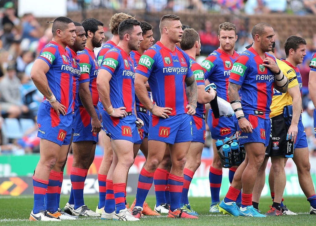 NEWCASTLE, AUSTRALIA - MAY 15: Knights players look dejected during the round 10 NRL match between the Newcastle Knights and the Cronulla Sharks at Hunter Stadium on May 15, 2016 in Newcastle, Australia. (Photo by Tony Feder/Getty Images)