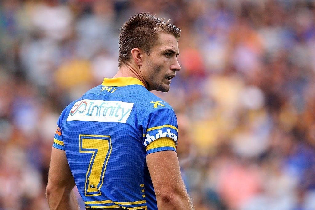 SYDNEY, NEW SOUTH WALES - MARCH 28: Kieran Foran of the Eels looks on during the round four NRL match between the Wests Tigers and the Parramatta Eels at ANZ Stadium on March 28, 2016 in Sydney, Australia. (Photo by Matt Blyth/Getty Images)